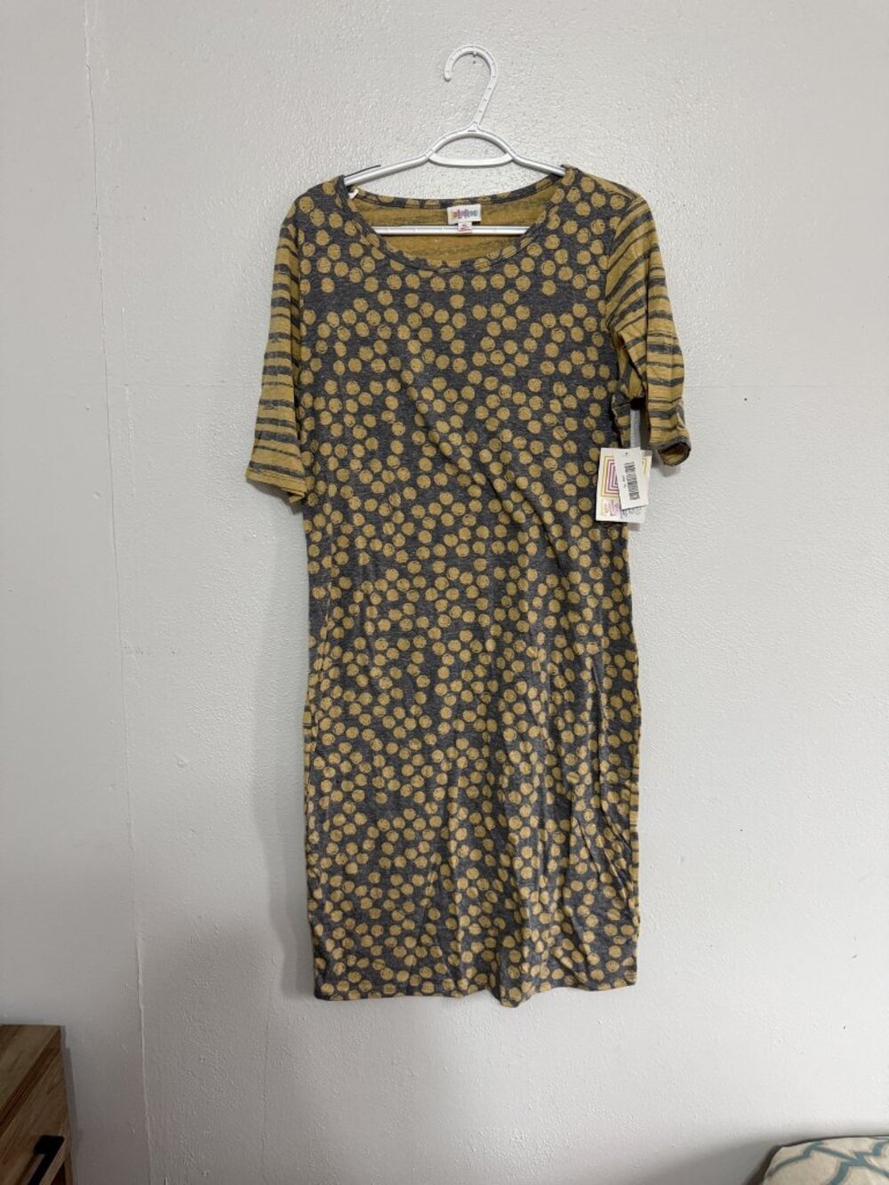 NWT LuLaRoe Julia Grey Mustard Dot Stripe Sleeve Dress XL 🩶